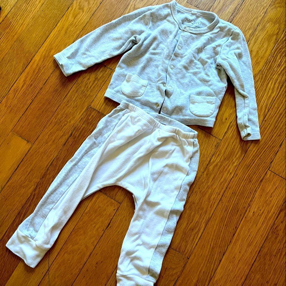 MORI Baby Gray and White Outfit, Pants and Top